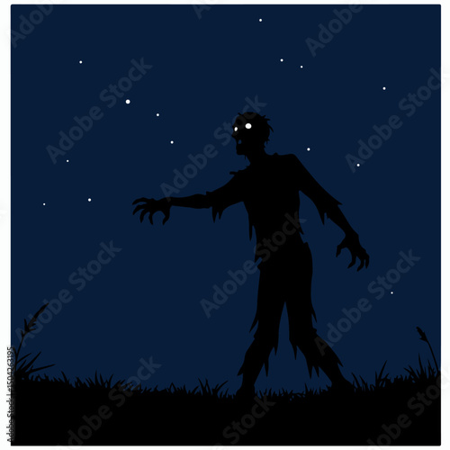 Halloween zombie silhouette stumbles through dark night. Spooky zombie silhouette walking in graveyard under starry sky. Creepy Halloween scene perfect for invitations or posters.