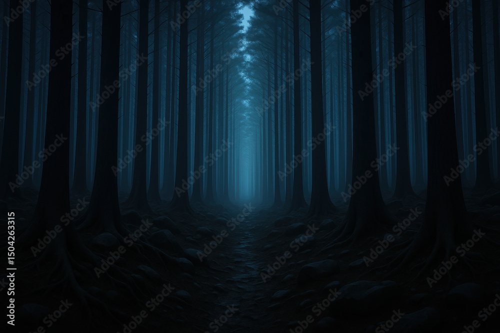 Fototapeta premium Mysterious Foggy Forest Path – Moody Blue Woods at Twilight