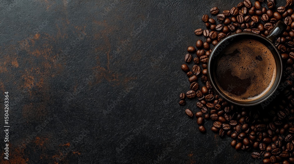 Naklejka premium Dark Coffee Cup with Roasted Beans on Rustic Surface