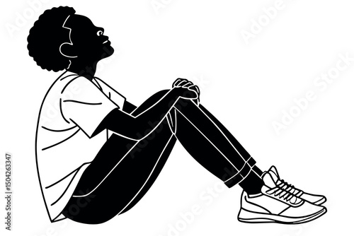 Young person sitting with knees hugged, looking up, hopeful