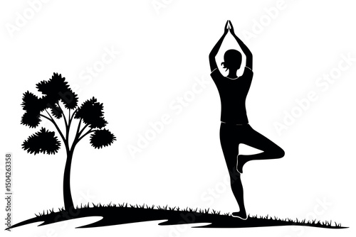 Woman practicing yoga tree pose outdoors nature silhouette