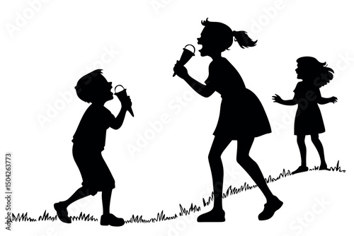Three silhouettes of children enjoying ice cream cones outdoors