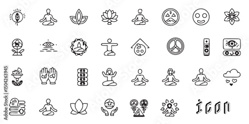 Yoga meditation mindfulness spiritual wellness icons set