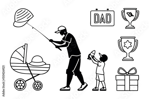 Happy father's day dad fishing with son and baby