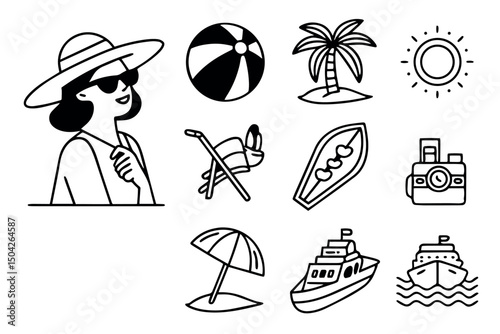 Summer vacation icons beach girl sun palm tree boat