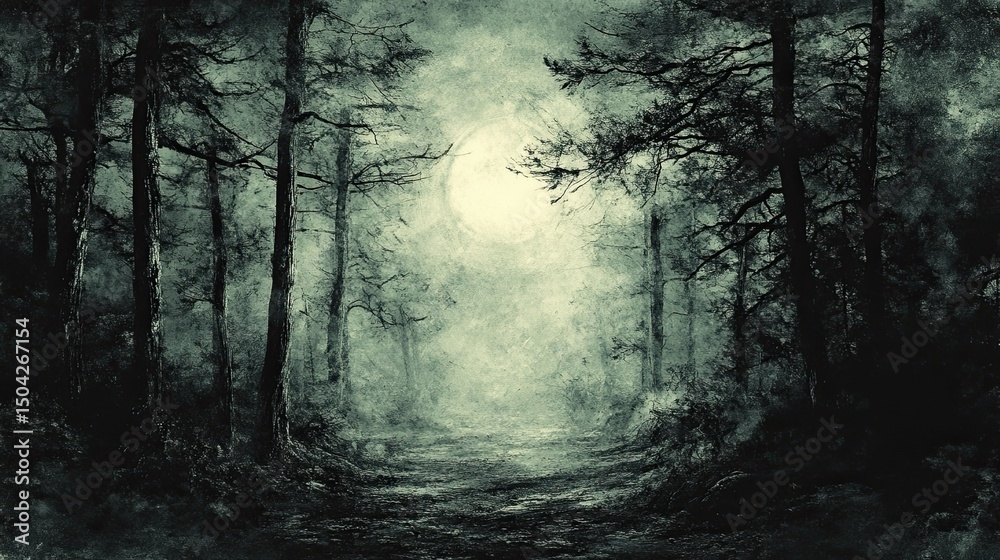 Fototapeta premium Eerie haunted forest illustration, perfect for Halloween themes