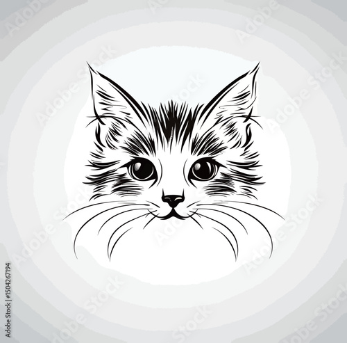 Cute black and white illustrated cat face with expressive eyes.