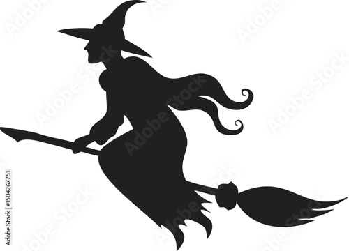A black silhouette vector illustration shows a halloween witch flying on a broom, a symbol of feline magic