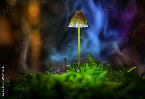 The forest mushroom shines like a lamp