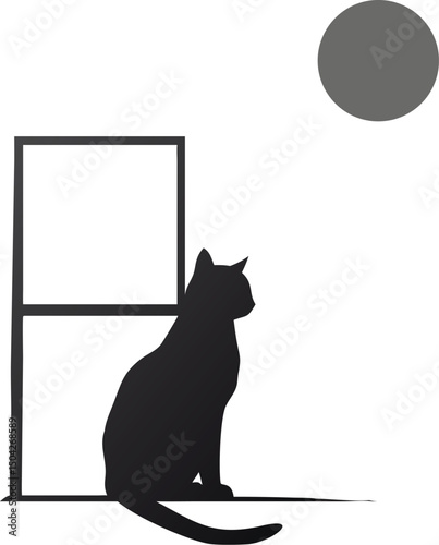 A black cat silhouette sits on a window at night, perhaps during Halloween, dreaming of a cute mouse under the moonlit sky, a dark feline illustration