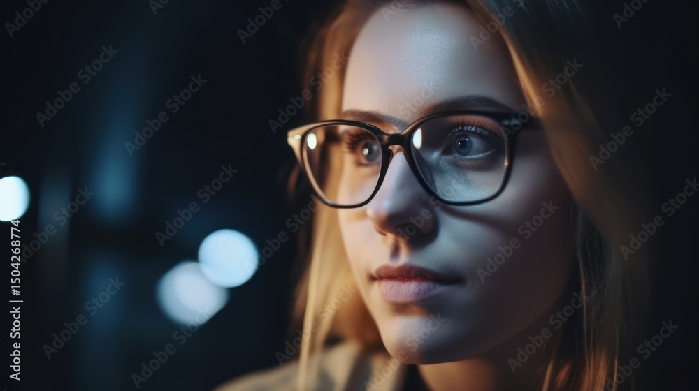 Thoughtful young woman with eyeglasses in nighttime setting Thoughtful young woman with eyeglasses in nighttime setting