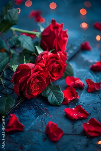 Vibrant red roses lie on a textured blue surface surrounded by scattered petals. Soft lights create a warm, romantic ambiance, enhancing the beauty of the arrangement