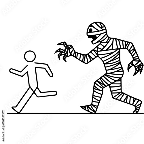 Stick figure running from a mummy in a single line outline vector  