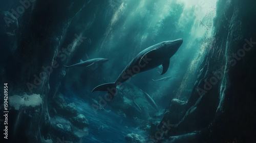A sleek dolphin on a sea background, showcasing its smooth body, curved dorsal fin, and playful expression
