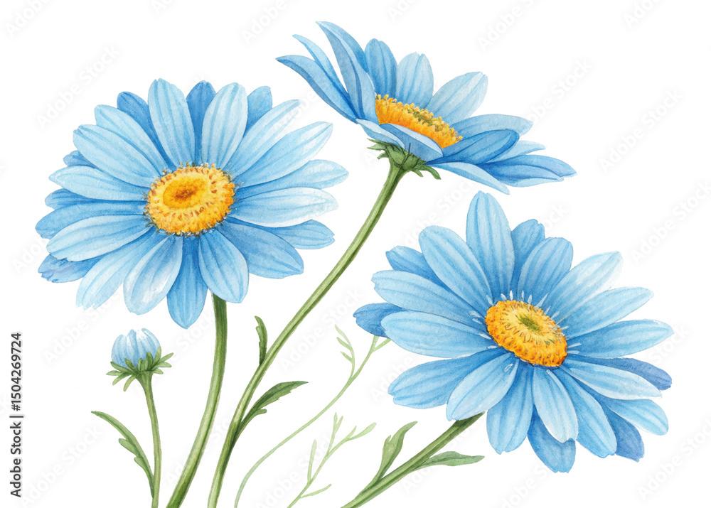 Fototapeta premium Watercolor blue daisy flower illustration floral art print botanical design wall decor home decoration artwork isolated on transparent background