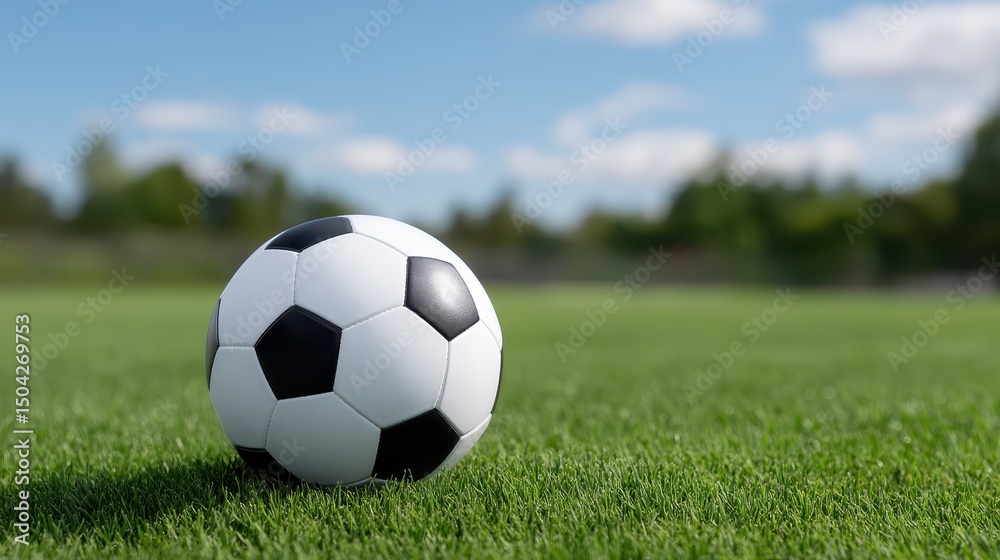 Fototapeta premium Soccer Ball on Grassy Field: A pristine soccer ball, a symbol of passion and competition, rests on a verdant green field, set against a backdrop of a clear, inviting sky.