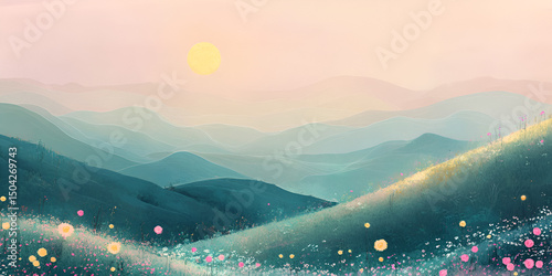 Colorful Wildflower Meadow at Sunrise with Rolling Hills and Blue Sky

