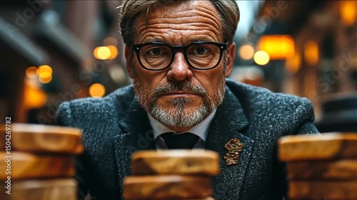 Intense older man gazes intently over blocks