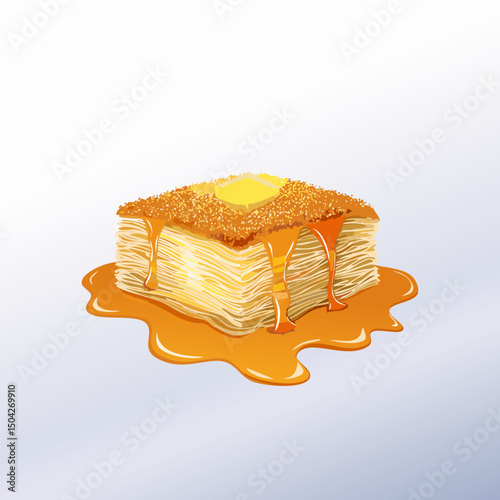 Close-up vector of Palestinian knafeh dessert with golden crust and mint leaf, dripping sweet syrup. Traditional Middle Eastern food illustration, perfect for menus and packaging
