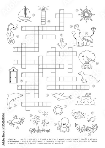 Crossword puzzle. Sea theme. Game and Coloring page. French language. Vector illustration.