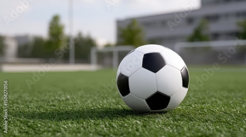 Soccer Ball on the Pitch: A meticulously crafted soccer ball rests on vibrant green artificial turf field, with a blurred backdrop featuring architectural elements.