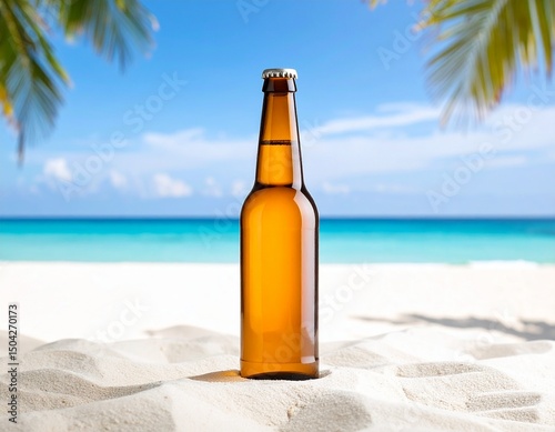 Beer bottle at the beach mock up isolated on white background