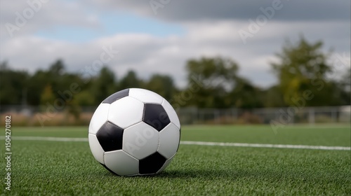 Soccer Ball on the Field: A pristine soccer ball rests on a vibrant green field under a partially cloudy sky, inviting the viewer to a game of sport.