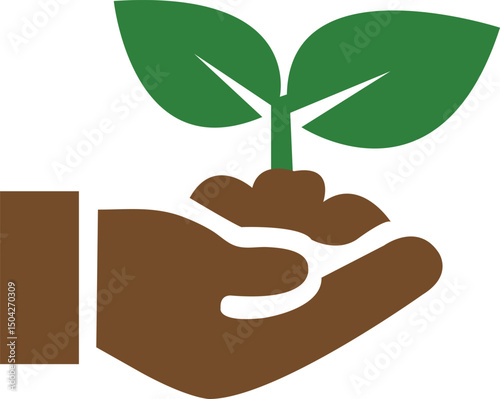 A symbolic design of a hand holding soil with a green plant sprouting. Represents growth, nature care, farming, sustainability, and eco-friendly practices. Ideal for agriculture or ecology themes.