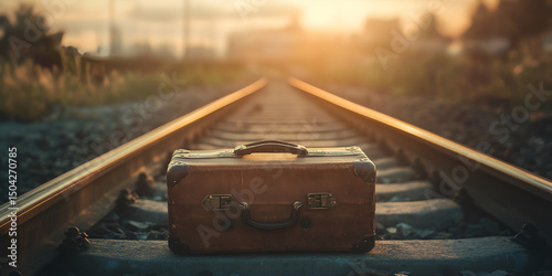  Vintage Suitcase on Railway Tracks at Sunset