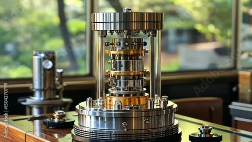 Intricate metal machine on glossy surface