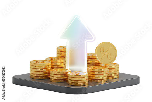 3d render of gold coins stacks with up arrow interest rate growth isolated on transparent background