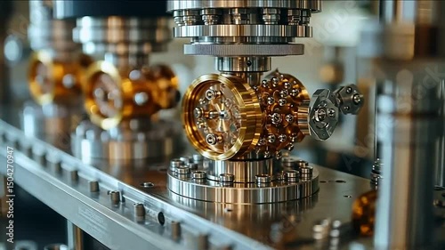 Metallic machine components gleam reflecting intricate designs