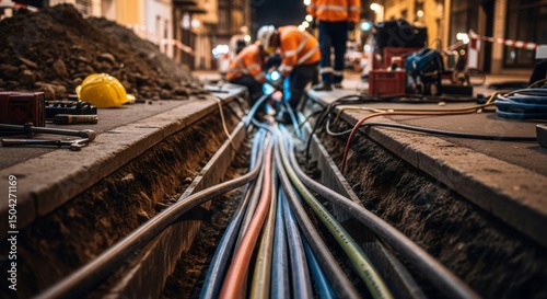 Electricians installing many new cables in a trench with exposed wiring on a city street at night. Underground utility network construction in urban infrastructure.