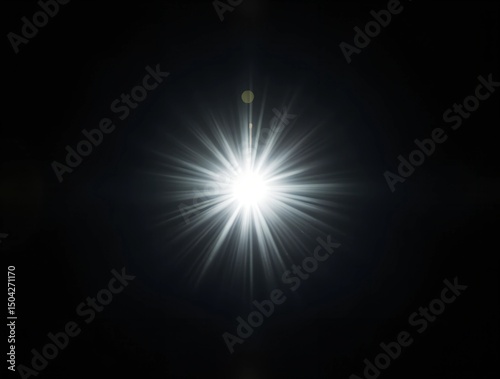 Intense white light source with radiating rays against black background. Excellent for technology concepts, spiritual themes, website headers and dramatic visual effects