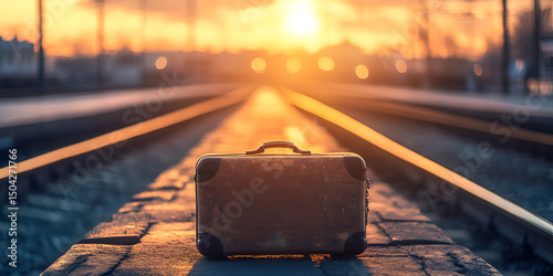  Vintage Suitcase on Railway Tracks at Sunset