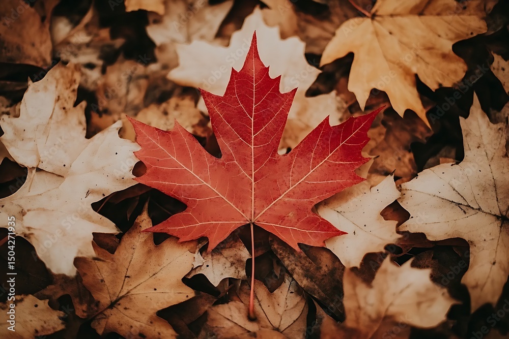 Fototapeta premium Top View of Red Maple Leaf Amidst Fall Foliage