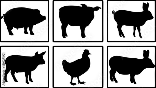"Design a set of black profile silhouettes of common farm animals. Each animal stands alone in a grid cell with a white background. Include adults and young, such as pig and piglet, hen and chick."

