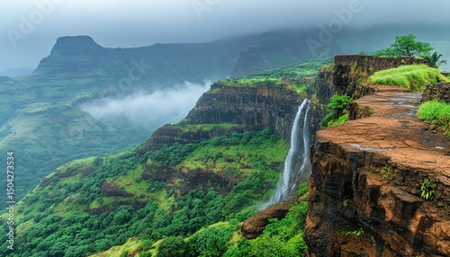 Scenic beauty of a waterfall cascading down lush green mountains in Maharashtra