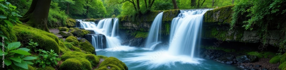 Obraz premium Majestic waterfall cascading over mossy rocks, lush green foliage , beauty, green