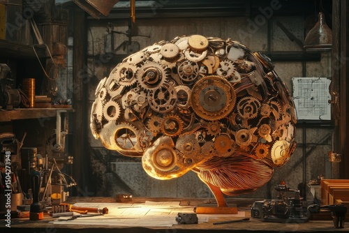 A complex steampunk brain sculpture. photo