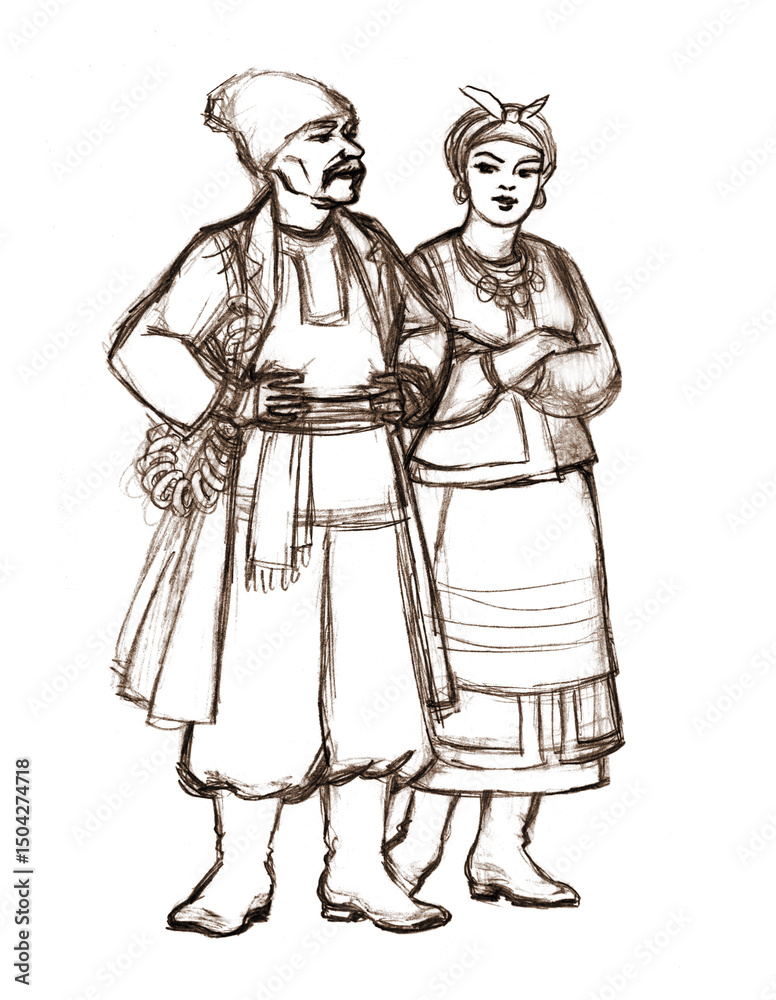 Fototapeta premium Pencil drawing. People in ukrainian clothing