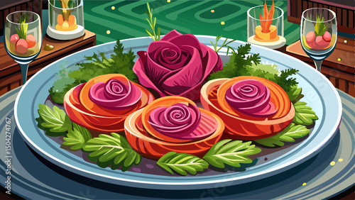 Delicate smoked salmon rose garnished with fresh microgreens rests atop vibrant beetroot carpaccio, presented with elegant plating. The luxurious restaurant ambiance highlights the essence of fine din