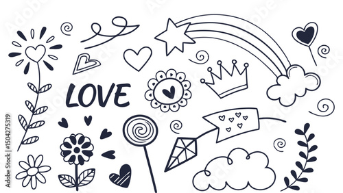 Seamless floral and bird pattern in vintage cartoon sketch style with decorative icons and frames