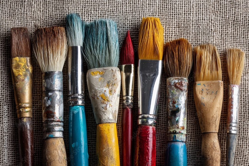 Fototapeta premium Colorful paintbrushes arranged creatively on a textured surface for artistic inspiration