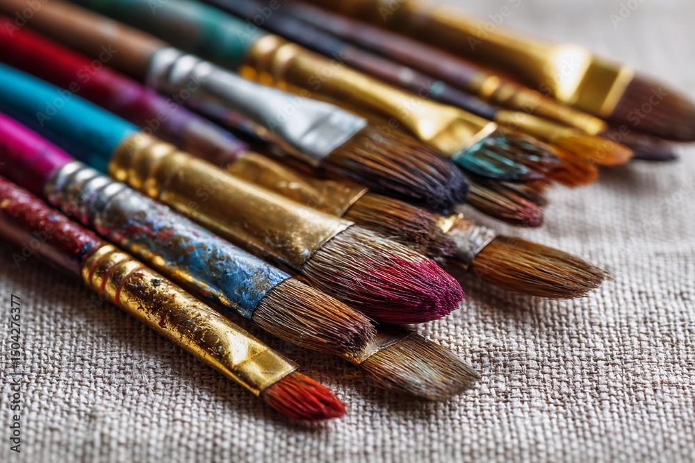 Obraz premium Various paintbrushes arranged on a canvas showing their vibrant colors and worn tips