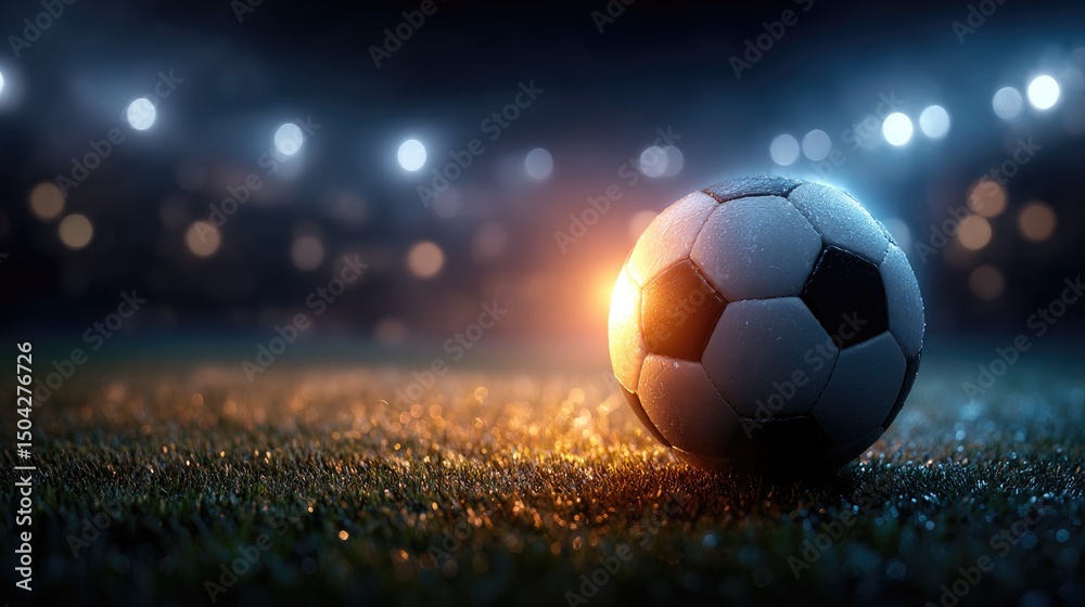 Fototapeta premium Soccer ball on a field under stadium lights.