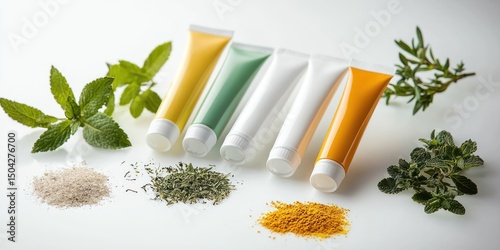 Whitening toothpaste tubes with herbal ingredients