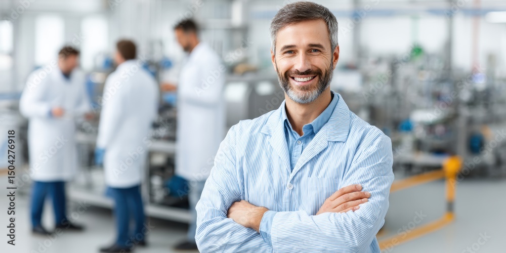 Fototapeta premium Smiling scientist in a lab coat stands confidently in a modern laboratory with colleagues working in the background.