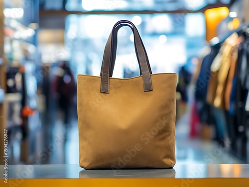 Luxurious canvas shopping bag mockup, products display presentation in shop.