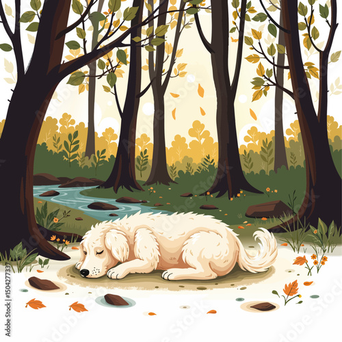 an illustration of a dog sleeping in the woods